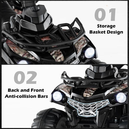 12V Electric Powered Quad Vehicle with Spring Suspension Oversized Wheels and Storage Basket-Black