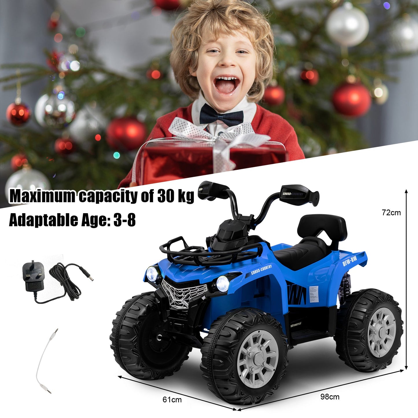 12V Electric Powered Quad Vehicle with Spring Suspension Oversized Wheels and Storage Basket-Blue