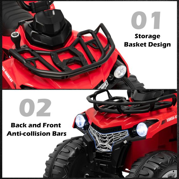 12V Electric Powered Quad Vehicle with Spring Suspension Oversized Wheels and Storage Basket-Red