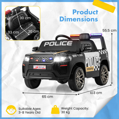 12V Kid Ride on Police Car with Remote Control for Children-Black