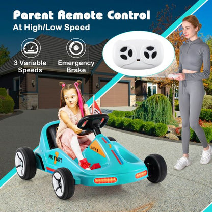 12V Kids Electric Go Kart with Remote and 3 Speeds and Lights-Blue