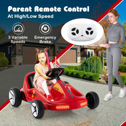 12V Kids Electric Go Kart with Remote and 3 Speeds and Lights-Red