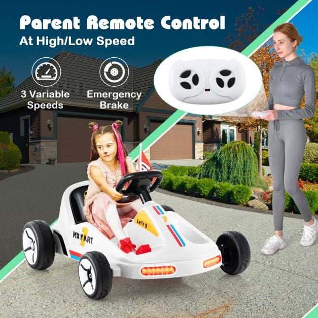 12V Kids Electric Go Kart with Remote and 3 Speeds and Lights-White