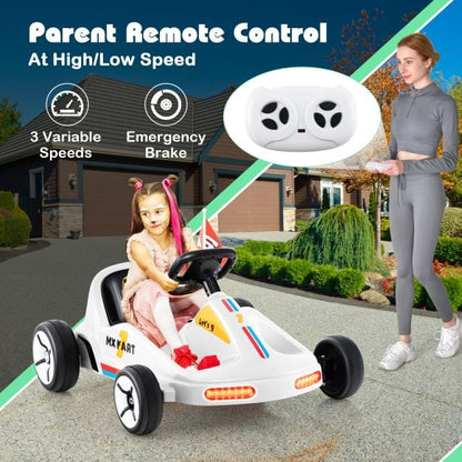12V Kids Electric Go Kart with Remote and 3 Speeds and Lights-White