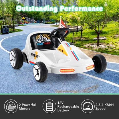12V Kids Electric Go Kart with Remote and 3 Speeds and Lights-White