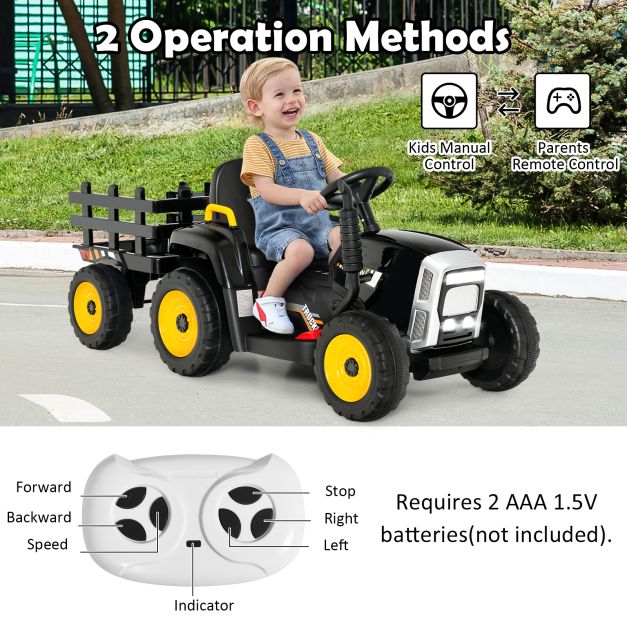 12V Kids Ride On Tractor with Trailer Music and LED Lights-Black