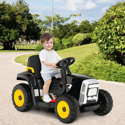 12V Kids Ride On Tractor with Trailer Music and LED Lights-Black