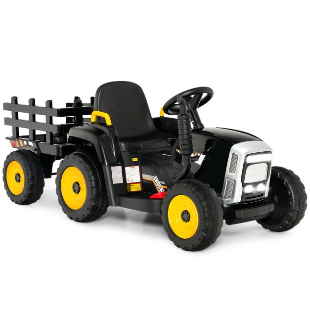 12V Kids Ride On Tractor with Trailer Music and LED Lights-Black