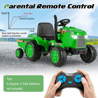 12V Kids Ride On Tractor with Trailer with Remote Control and Lights and Horn-Green