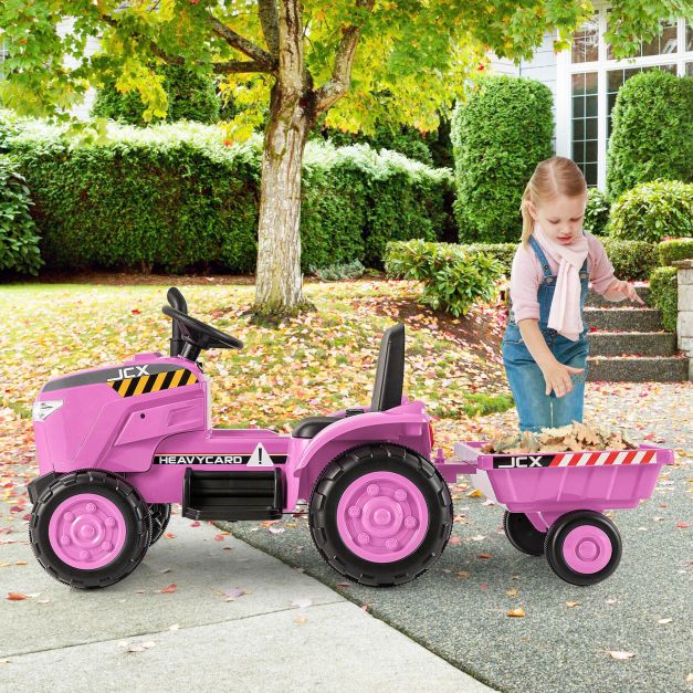 12V Kids Ride On Tractor with Trailer with Remote Control and Lights and Horn-Pink