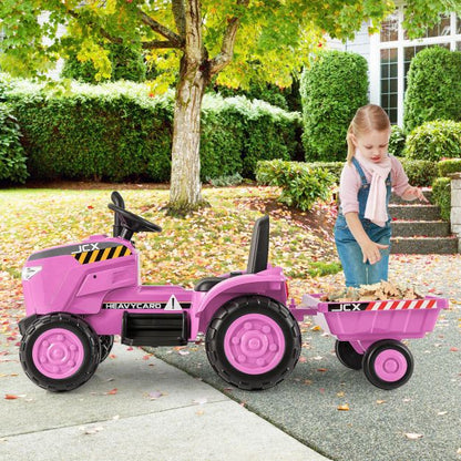 12V Kids Ride On Tractor with Trailer with Remote Control and Lights and Horn-Pink