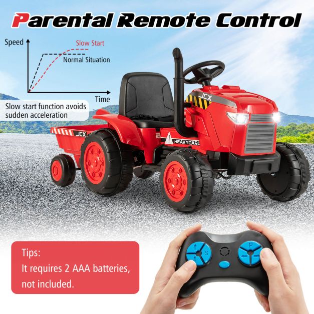 12V Kids Ride On Tractor with Trailer with Remote Control and Lights and Horn-Red