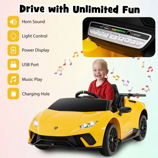 12V Kids Ride on Car Lamborghini with Remote Control and LED Lights-Yellow