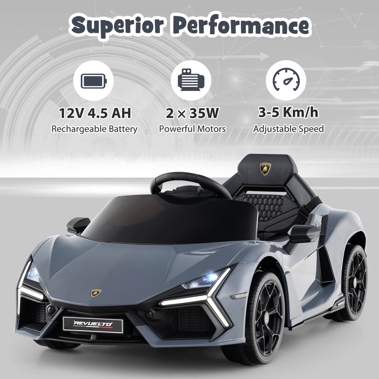 12V Kids Ride on Car with Hydraulic Doors Licensed Lamborghini Revuelto-Grey