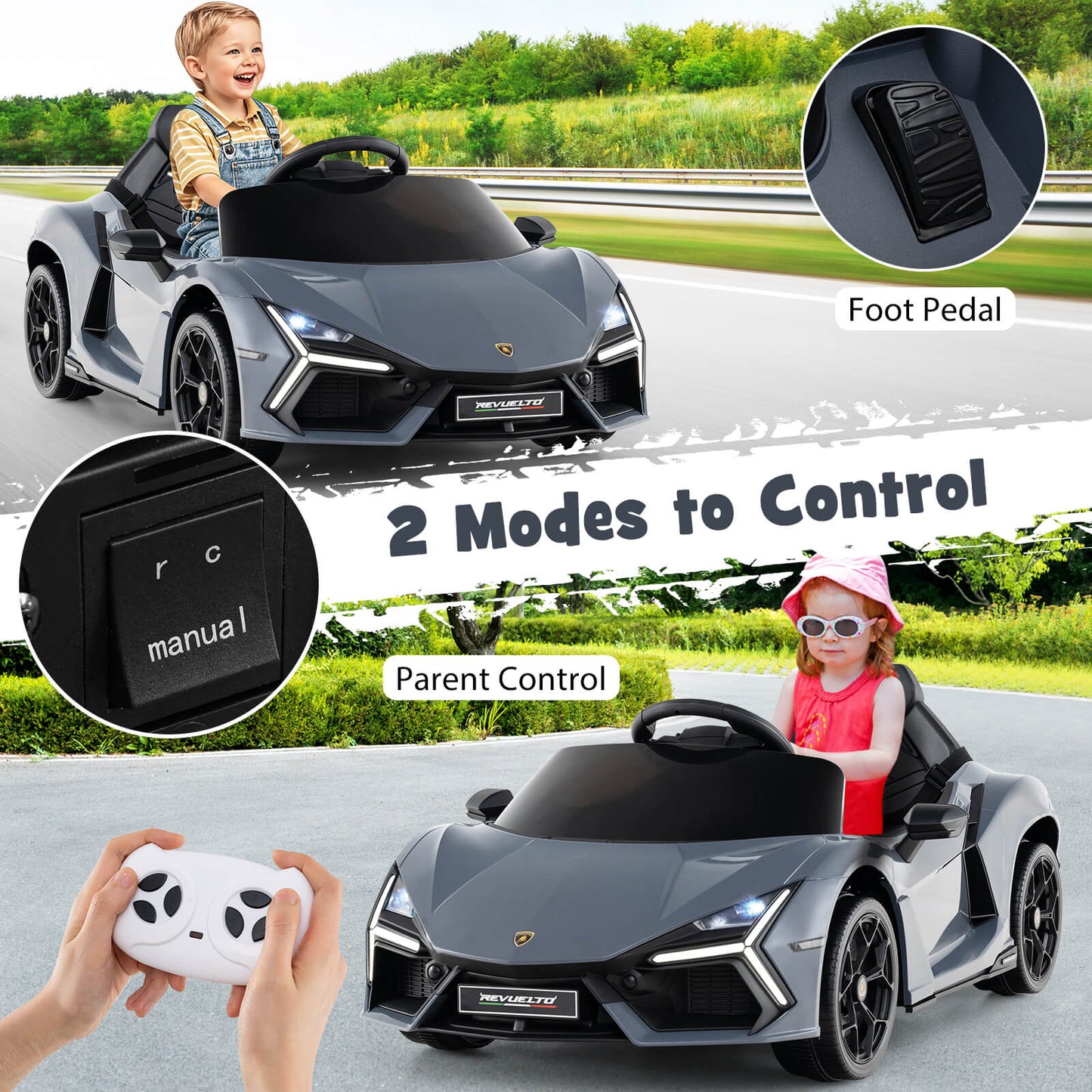12V Kids Ride on Car with Hydraulic Doors Licensed Lamborghini Revuelto-Grey