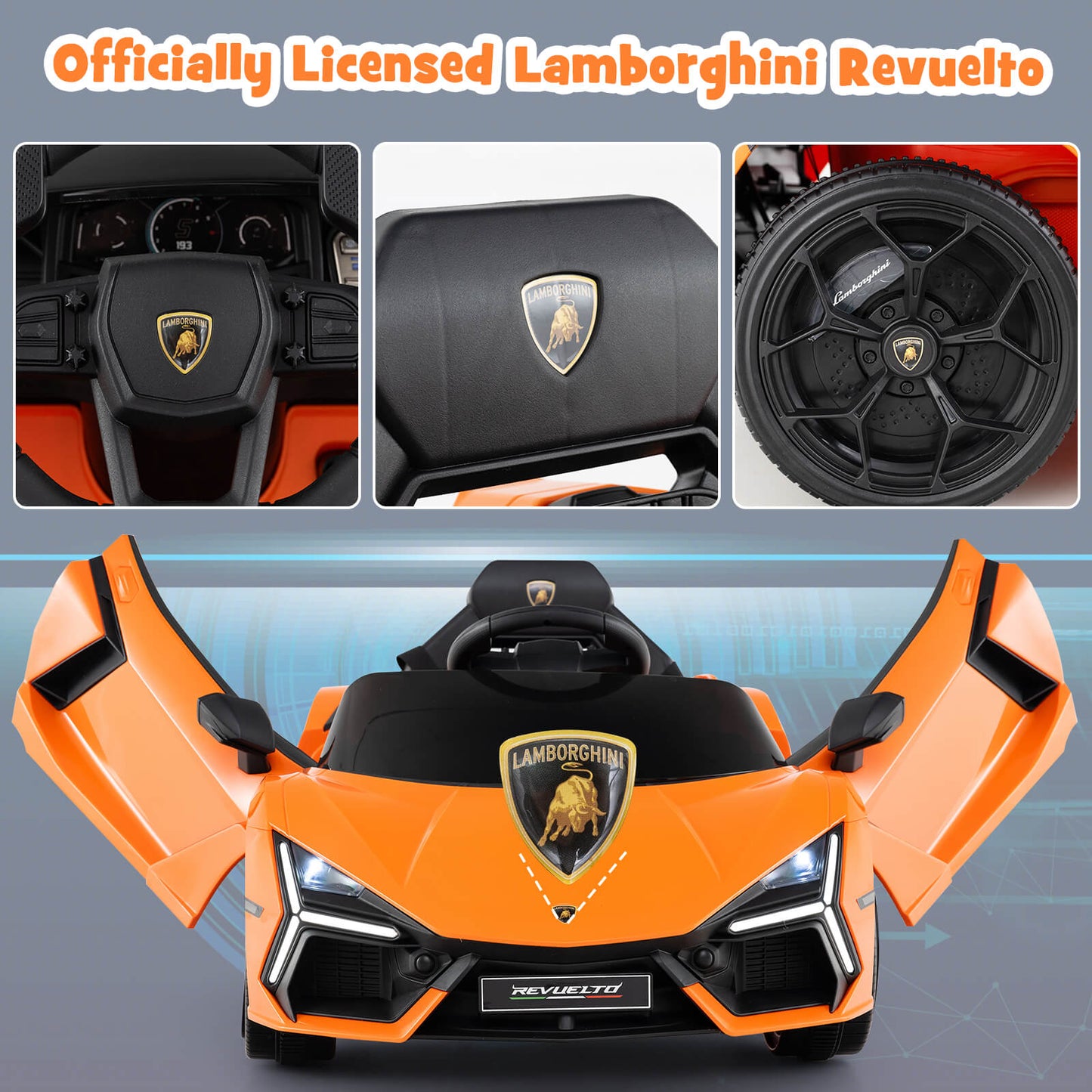12V Kids Ride on Car with Hydraulic Doors Licensed Lamborghini Revuelto-Orange