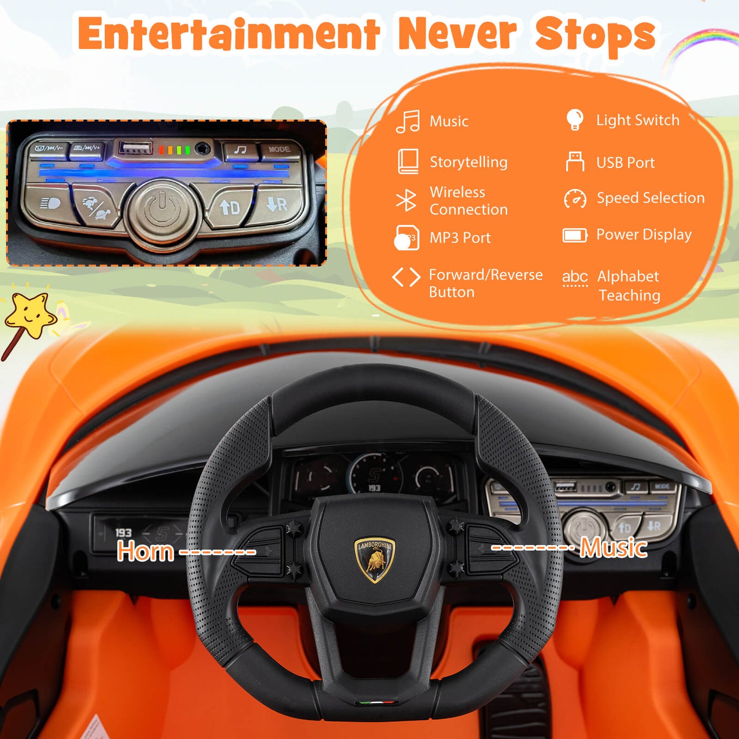 12V Kids Ride on Car with Hydraulic Doors Licensed Lamborghini Revuelto-Orange