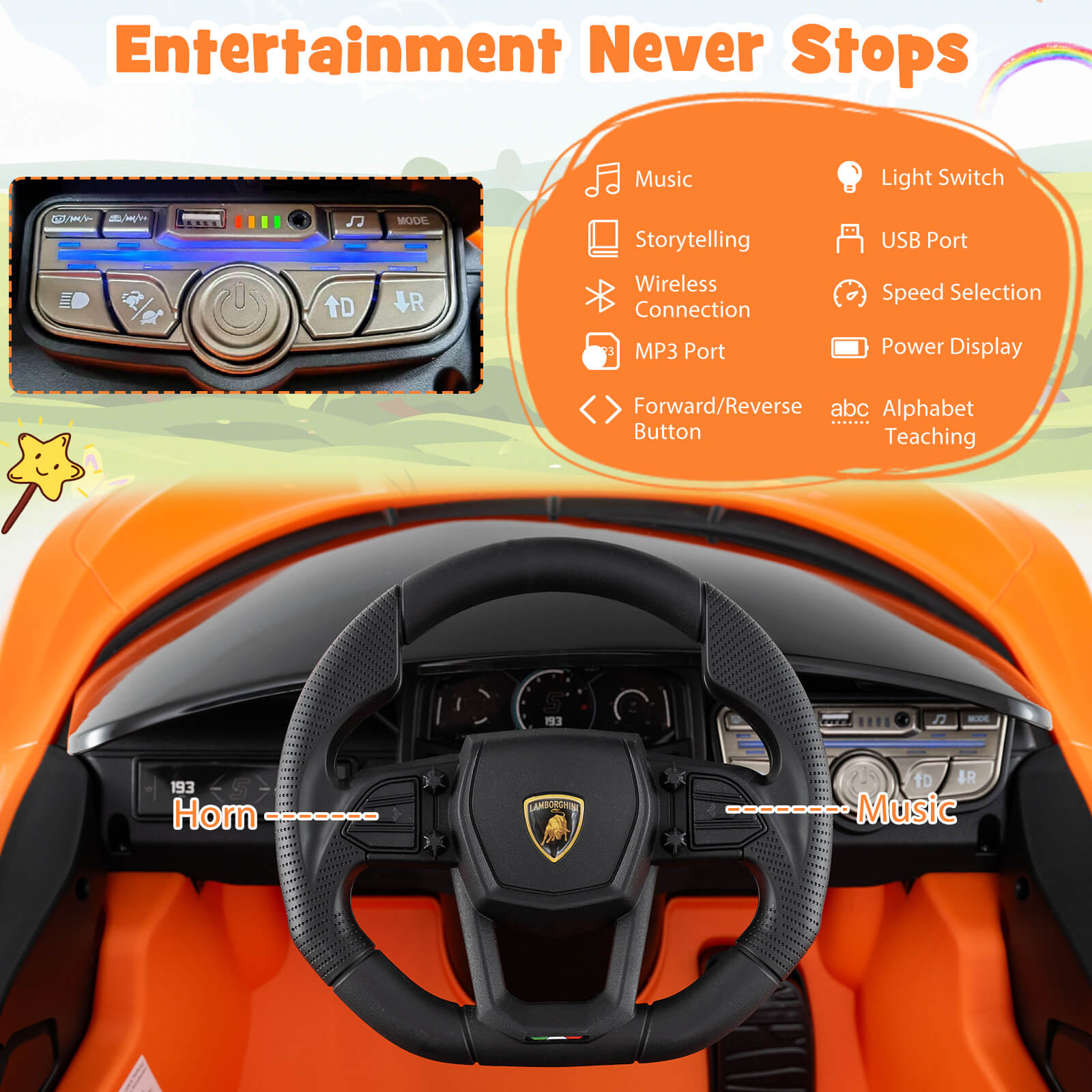 12V Kids Ride on Car with Hydraulic Doors Licensed Lamborghini Revuelto-Orange
