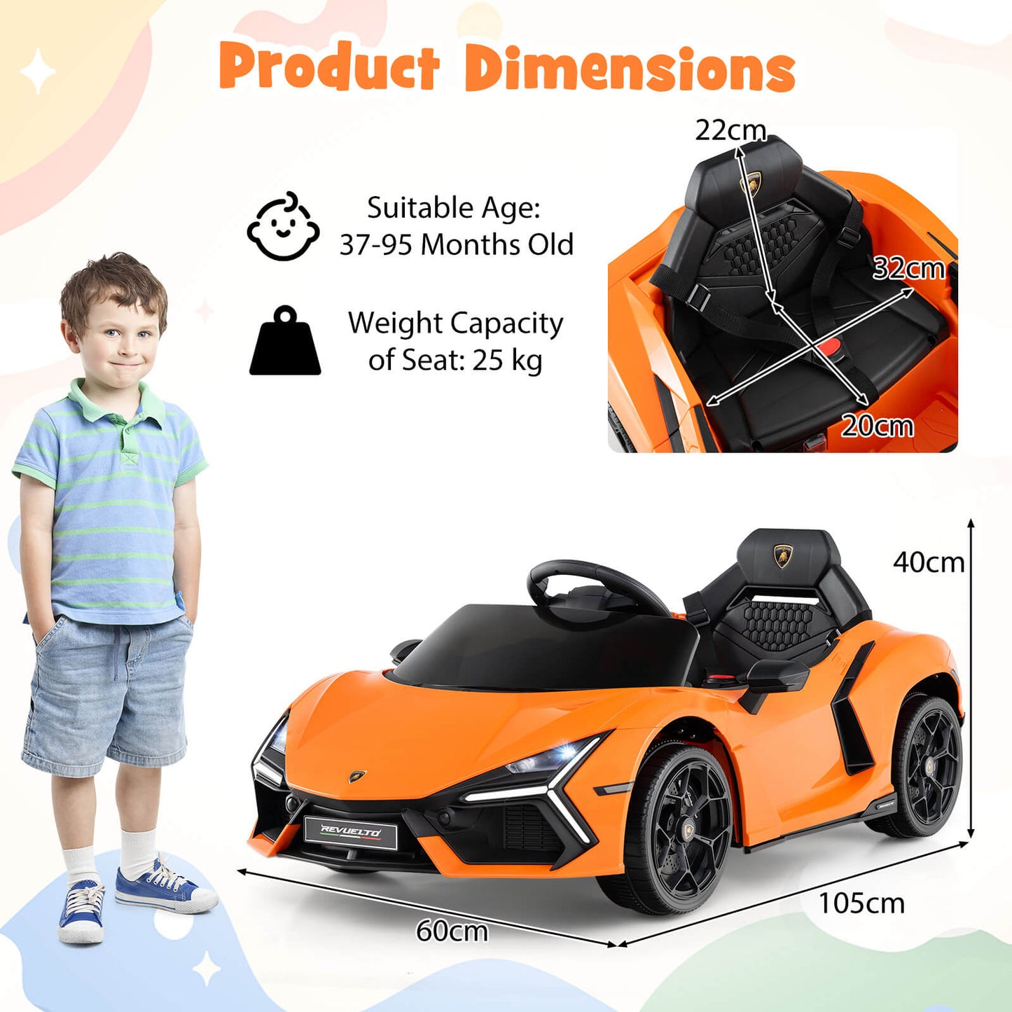 12V Kids Ride on Car with Hydraulic Doors Licensed Lamborghini Revuelto-Orange