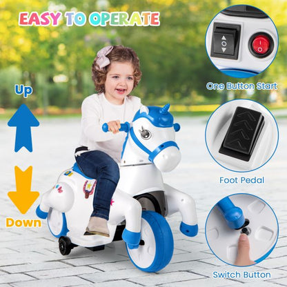12V Unicorn Ride on Toy with Training Wheels for Kids-Blue and White