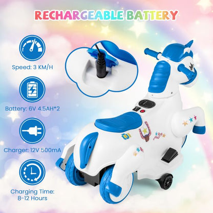 12V Unicorn Ride on Toy with Training Wheels for Kids-Blue and White