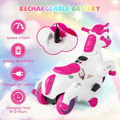 12V Unicorn Ride on Toy with Training Wheels for Kids-Rose Red and White