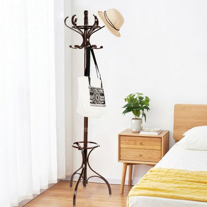 Practical Birch Coat Stand with 360° Rotating Top Tier for Jacket Red-Brown