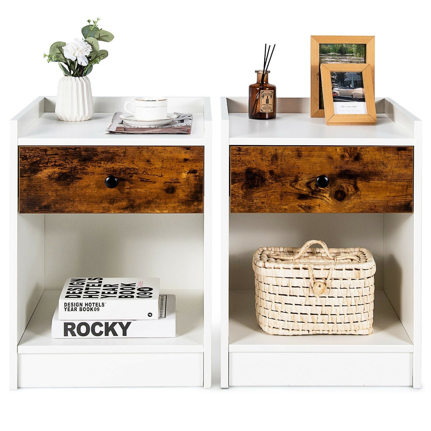Set of 2 Nightstand with 1 Drawer and Storage Compartment