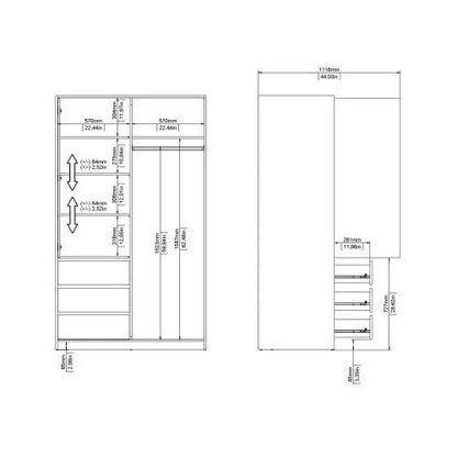 Classic Design High Gloss Sliding Door Wardrobe with 3 Drawers - White