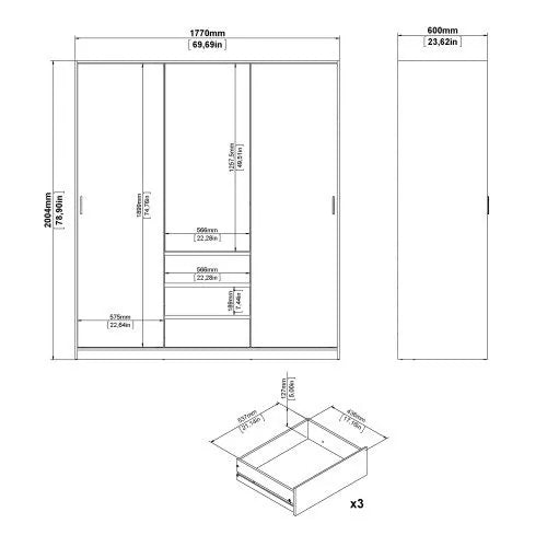 Classic Design High Gloss 2 Sliding Door Wardrobe with 3 Drawers - Jackson Hickory Oak