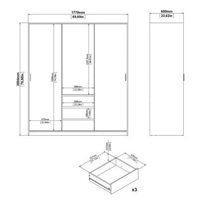 Classic Design High Gloss 2 Sliding Door Wardrobe with 3 Drawers - Jackson Hickory Oak