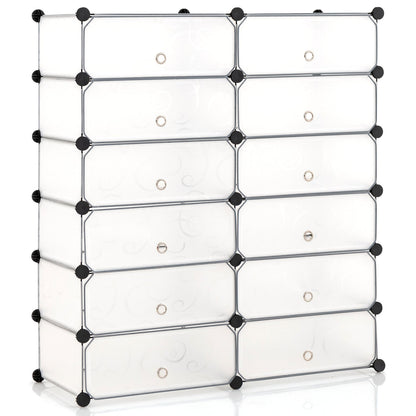 12-Cube DIY Portable Plastic Shoe Rack with Transparent Doors-White