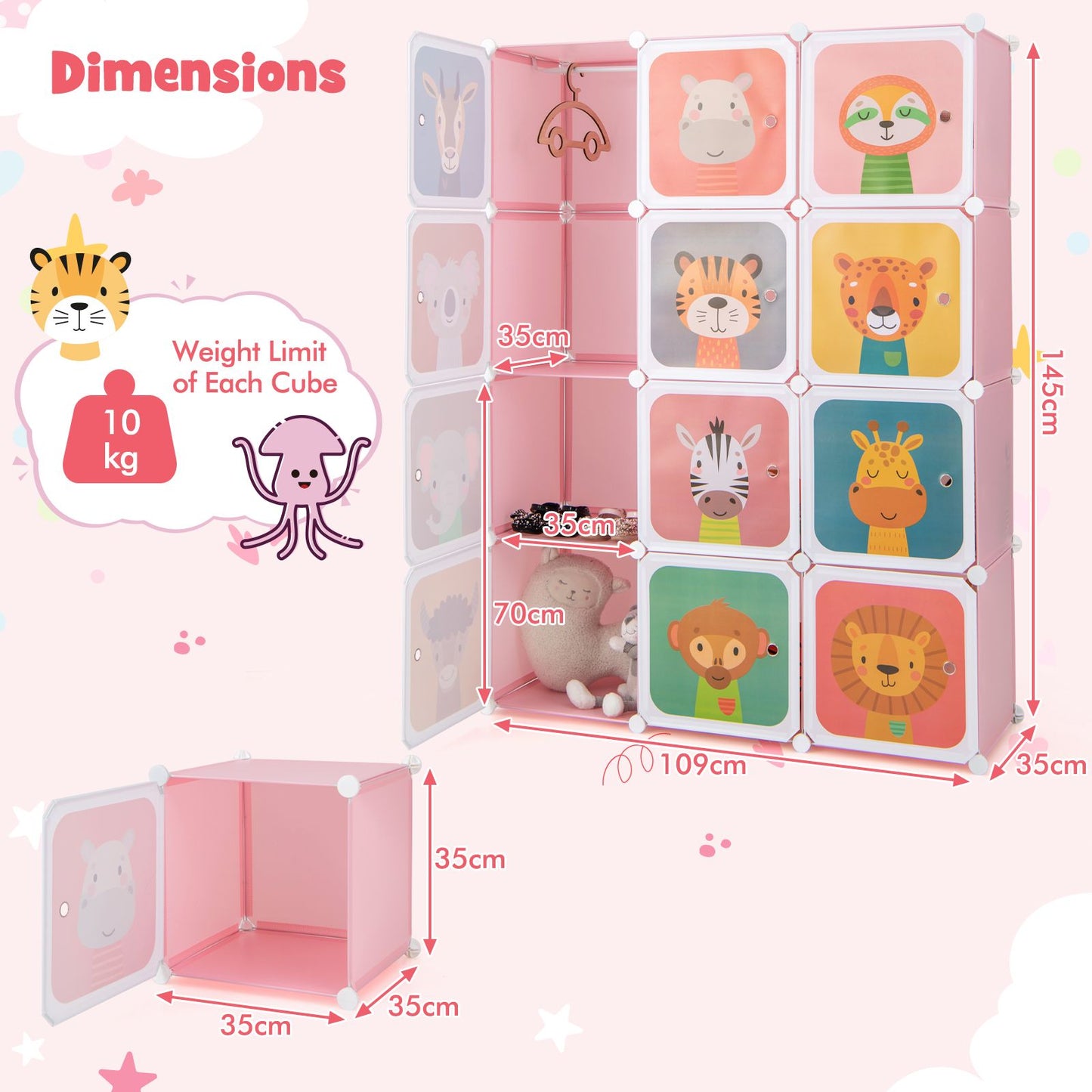 12 Cube Portable Kids Wardrobe with Hanging Section-Pink