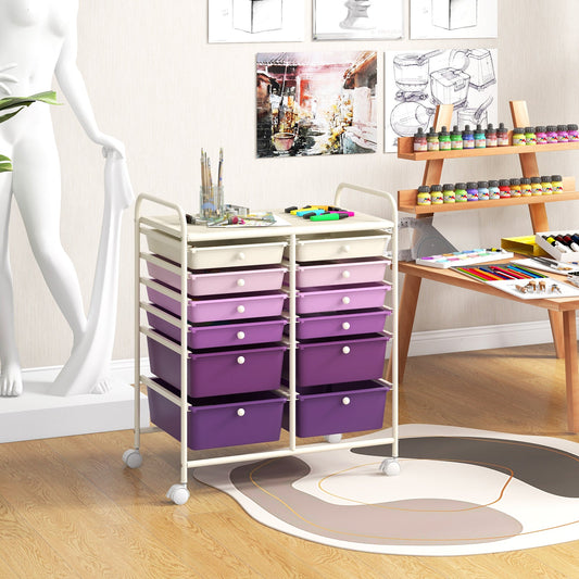 12 Drawers Rolling Storage Cart with 4 Wheels and Brakes-Purple