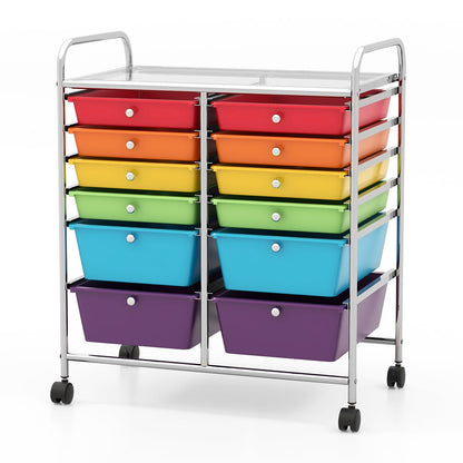 12 Drawers Rolling Storage Cart with 4 Wheels and Brakes-Multicolor
