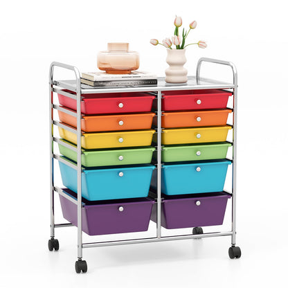 12 Drawers Rolling Storage Cart with 4 Wheels and Brakes-Multicolor
