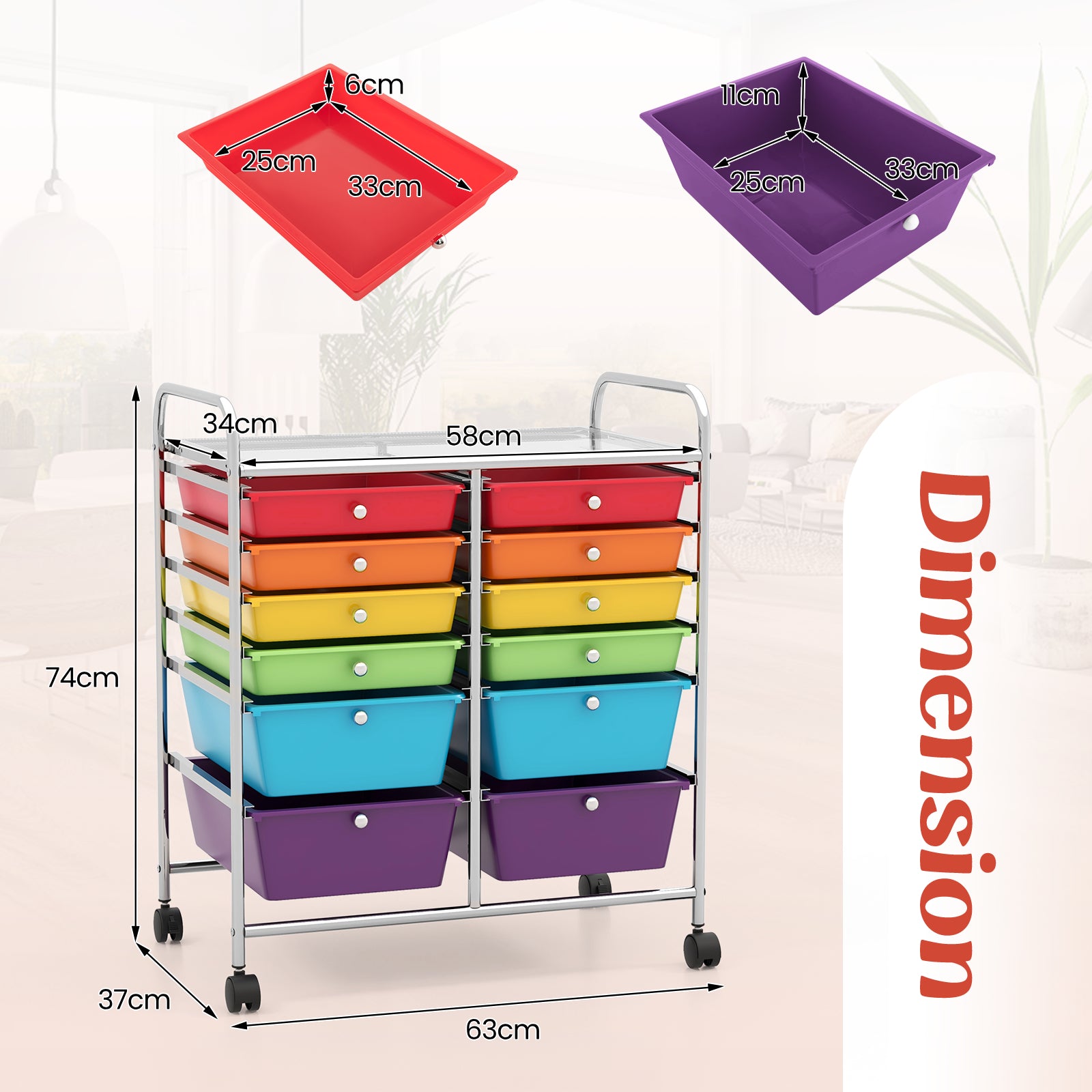 12 Drawers Rolling Storage Cart with 4 Wheels and Brakes-Multicolor