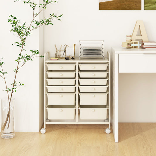 12 Drawers Rolling Storage Cart with 4 Wheels and Brakes-White