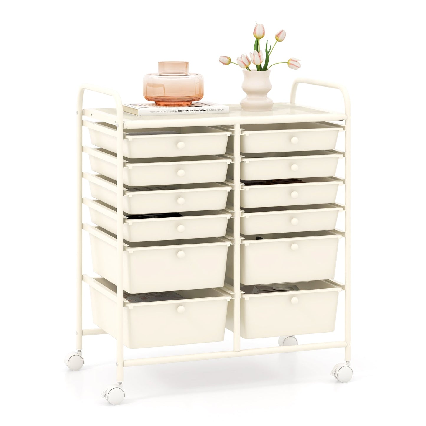 12 Drawers Rolling Storage Cart with 4 Wheels and Brakes-White