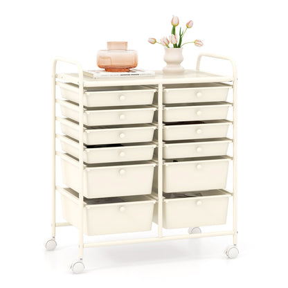 12 Drawers Rolling Storage Cart with 4 Wheels and Brakes-White
