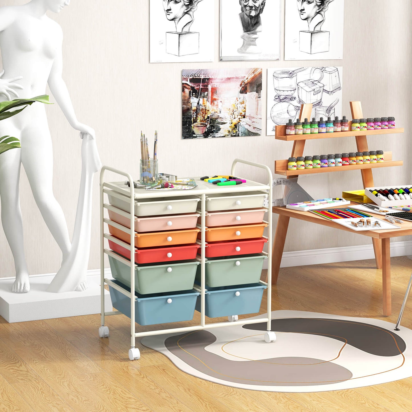 12 Drawers Rolling Storage Cart with 4 Wheels and Brakes-Colourful