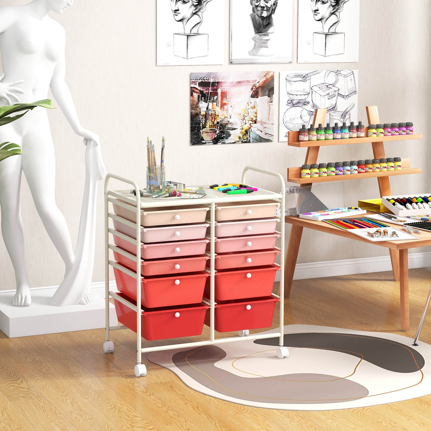 12 Drawers Rolling Storage Cart with 4 Wheels and Brakes-Gradient Pink
