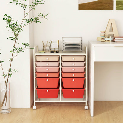 12 Drawers Rolling Storage Cart with 4 Wheels and Brakes-Gradient Pink