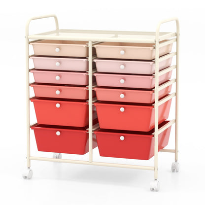 12 Drawers Rolling Storage Cart with 4 Wheels and Brakes-Gradient Pink