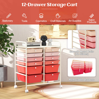 12 Drawers Rolling Storage Cart with 4 Wheels and Brakes-Gradient Pink
