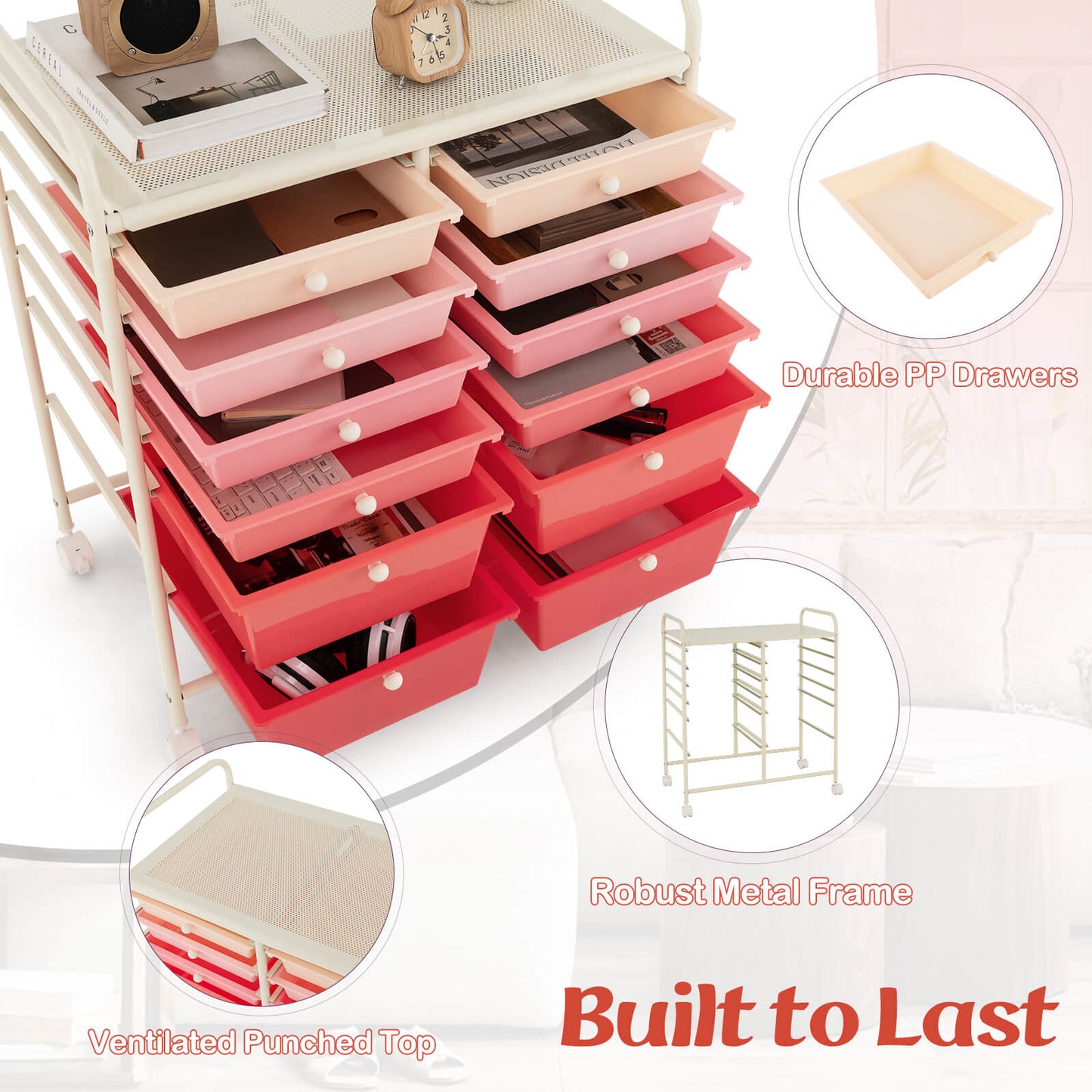 12 Drawers Rolling Storage Cart with 4 Wheels and Brakes-Gradient Pink