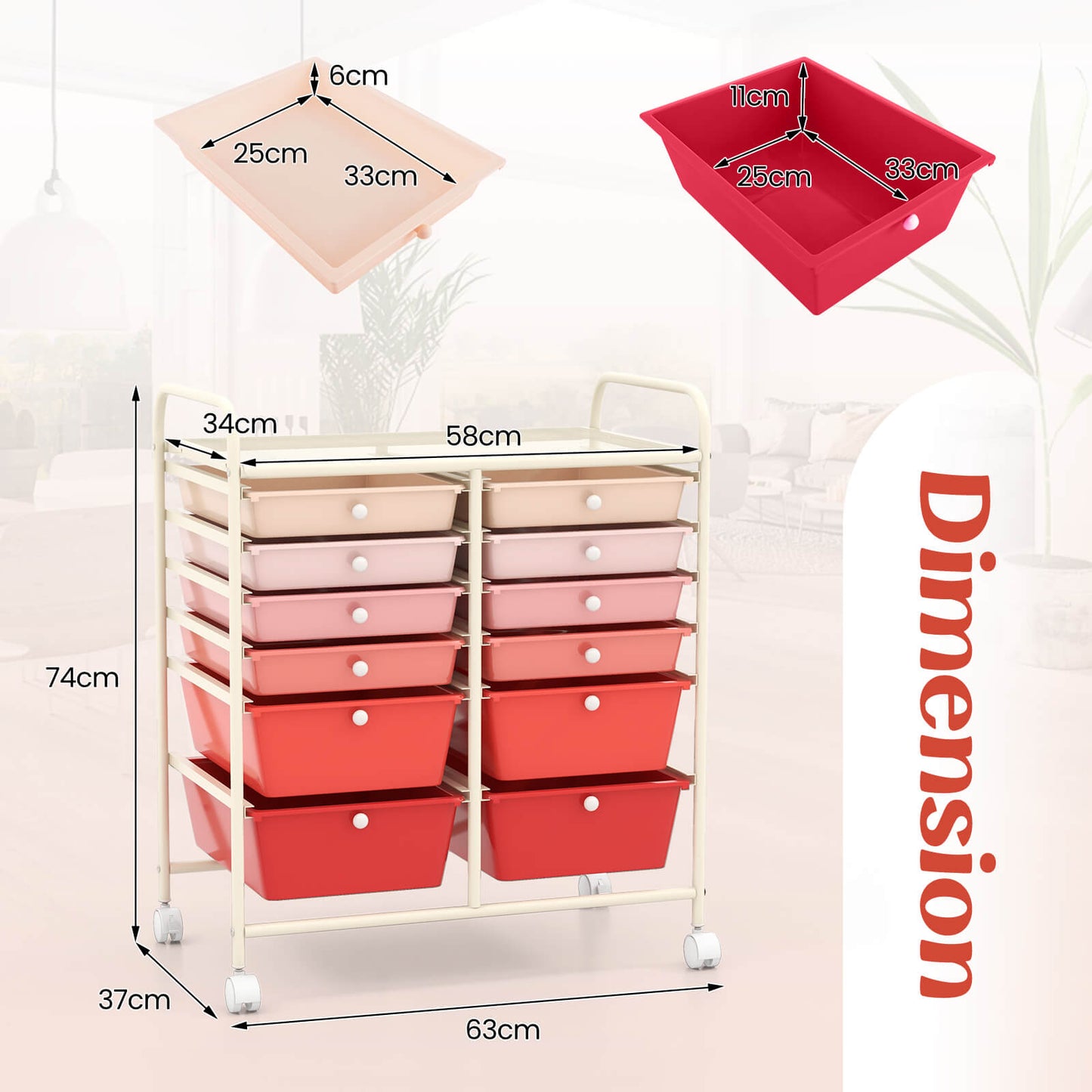 12 Drawers Rolling Storage Cart with 4 Wheels and Brakes-Gradient Pink