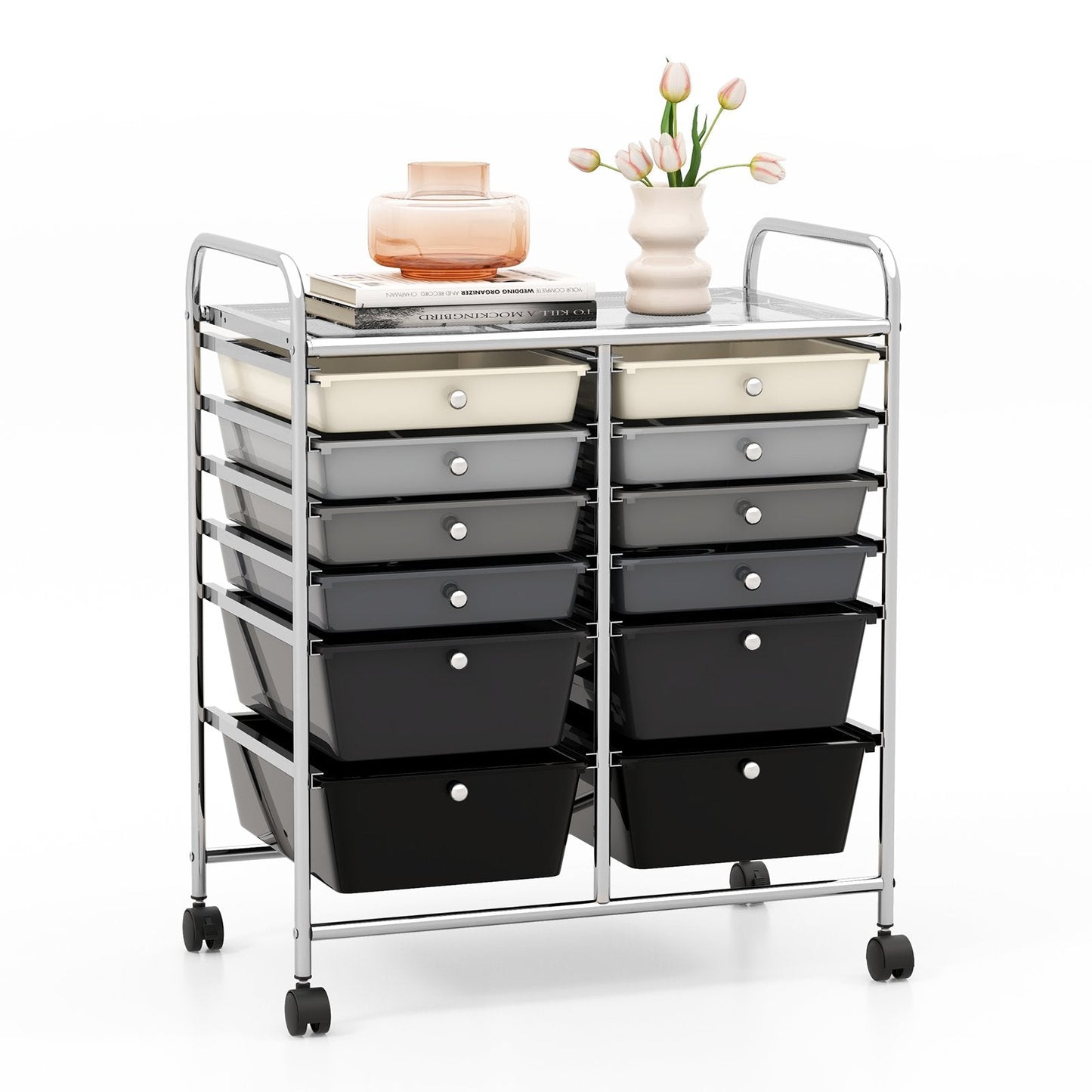 12 Drawers Rolling Storage Cart with 4 Wheels and Brakes-Gradient Black