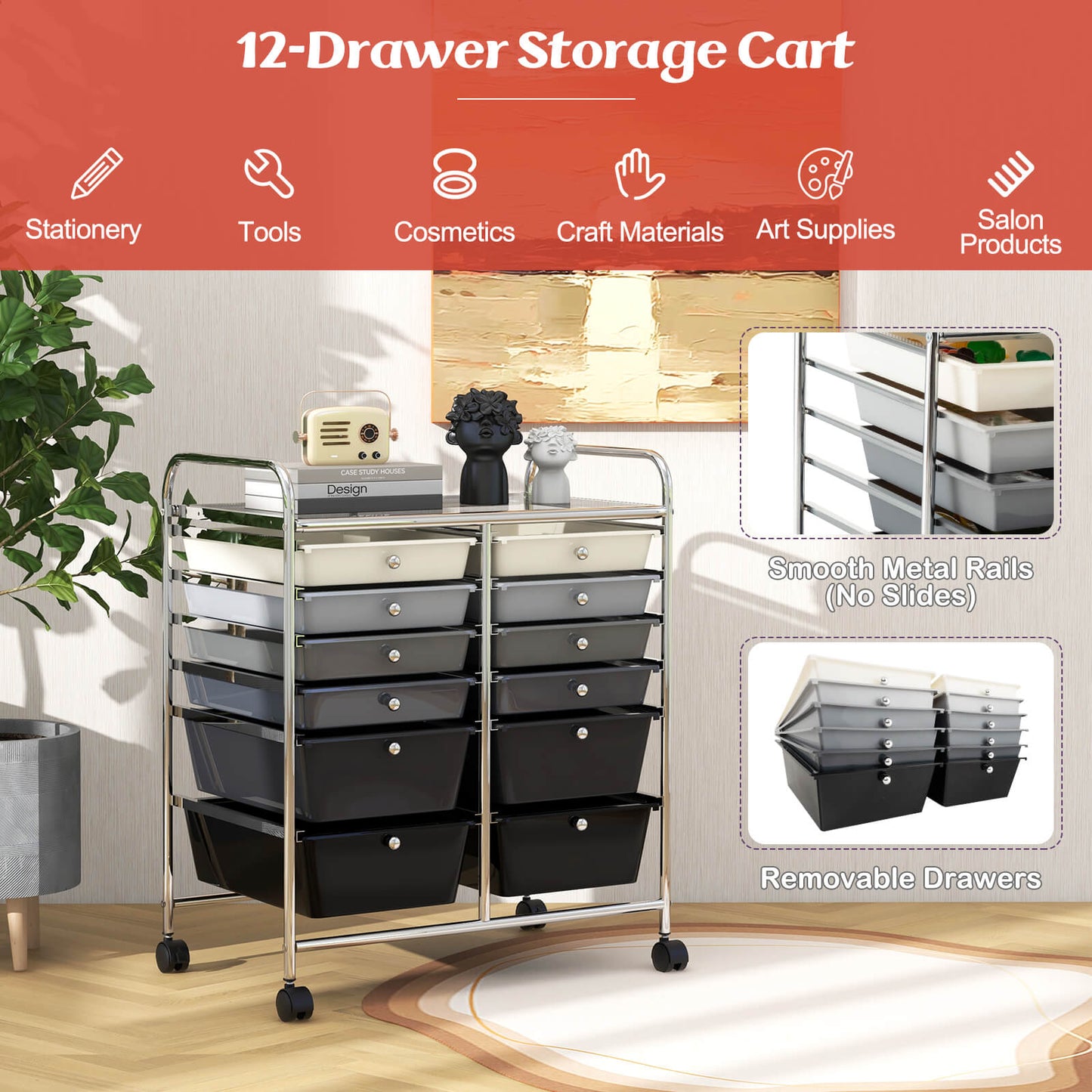12 Drawers Rolling Storage Cart with 4 Wheels and Brakes-Gradient Black