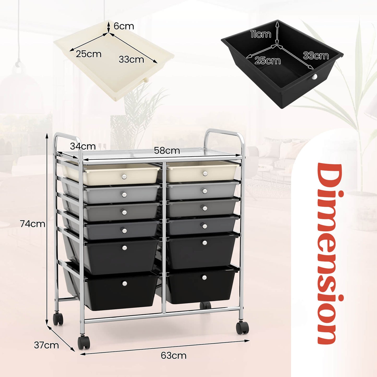 12 Drawers Rolling Storage Cart with 4 Wheels and Brakes-Gradient Black